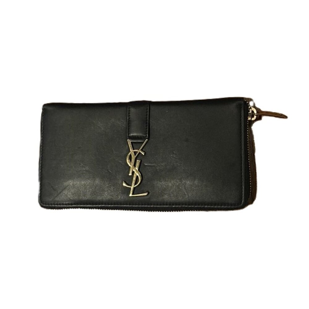 YSL Authentic Yves Saint Laurent Monogram, Matte Leather Zip-Around Wallet Black